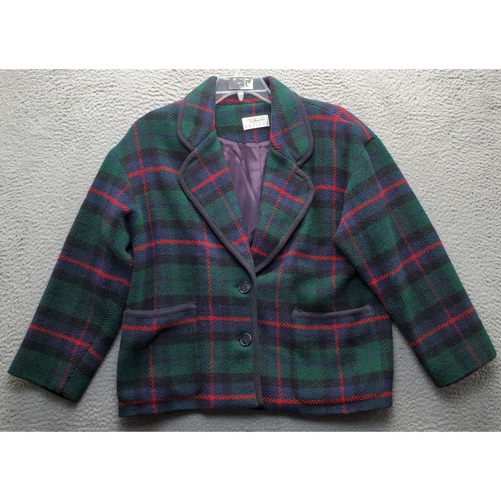 Vtg Talbots Blazer Jacket Womens Petite L Multi Plaid Wool Blend Single Breasted